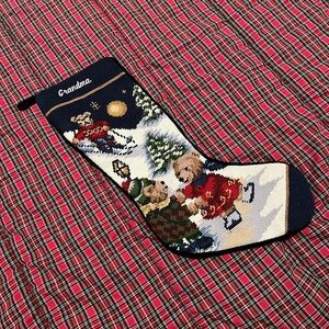 Vtg Needlepoint Christmas Stocking Ralph Lauren inspired Teddy Bears Skating